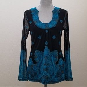 EUC INC boho black and blue mesh top